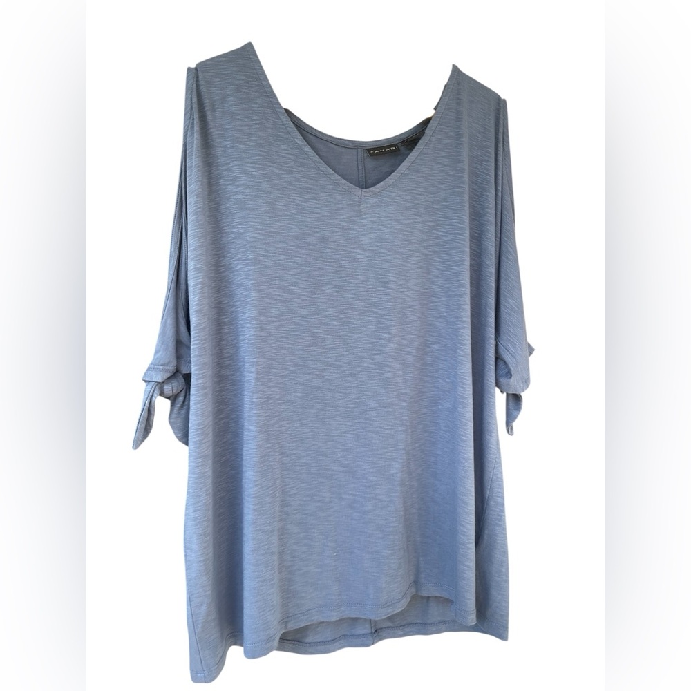 Tahari size Large Blue V-Neck Cold Shoulder Women's Top tie sleeve BOHO